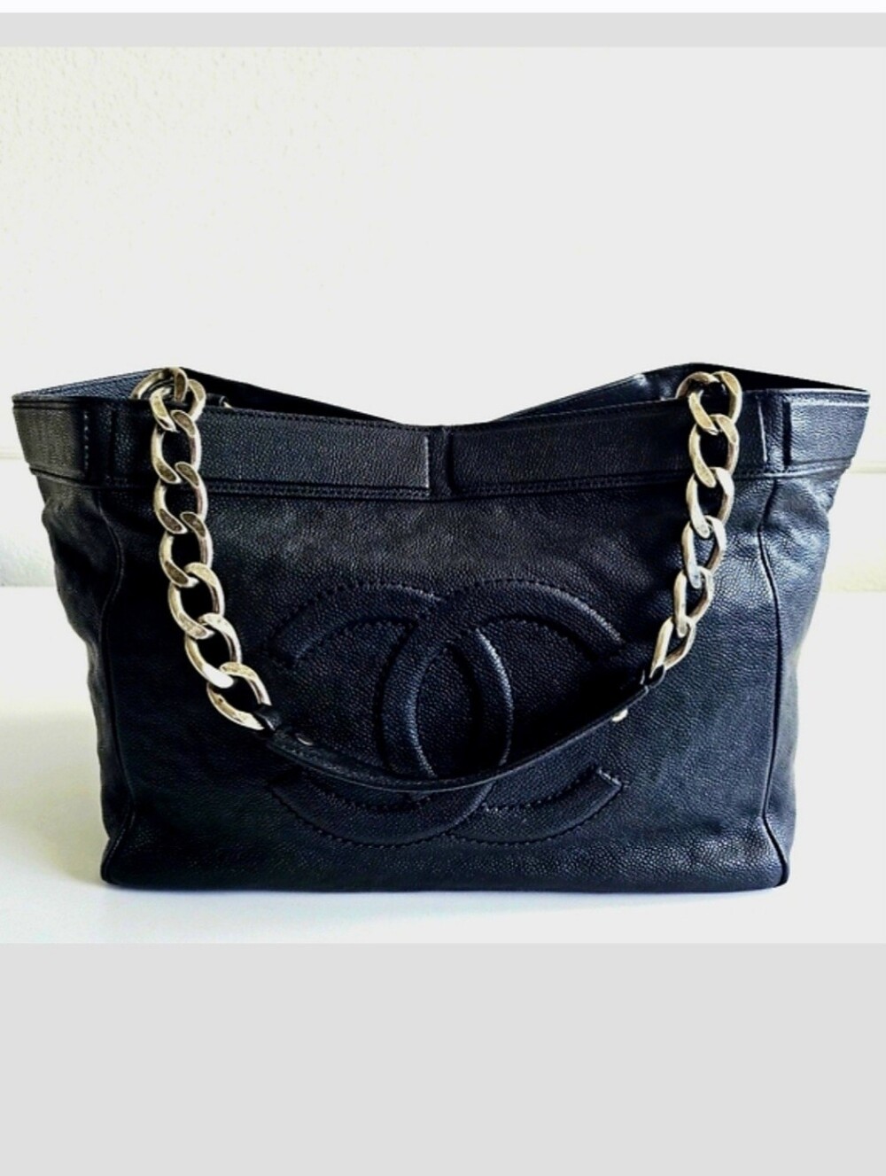 Chanel Black Large Chain-link Caviar Leather Tote
